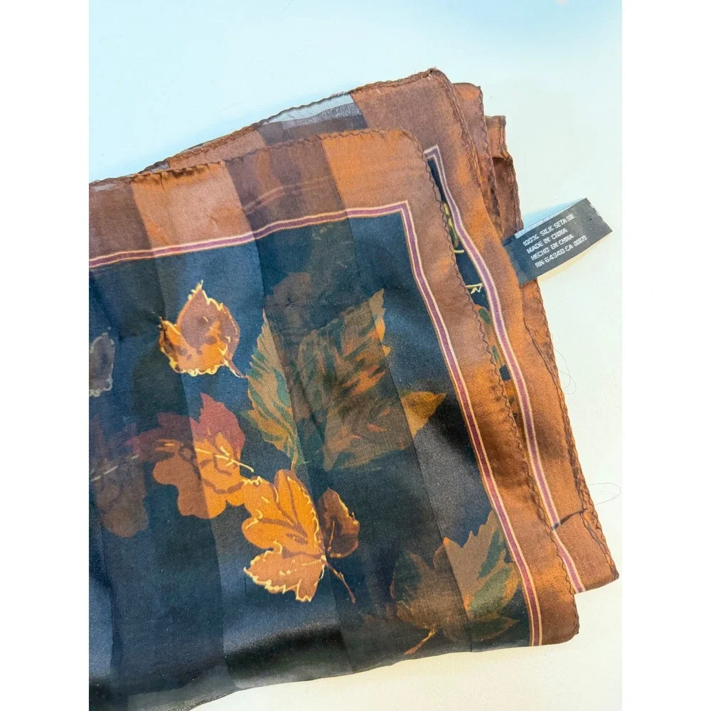 Silk Scarf Womens Brown Black Autumn Fall Leaves Sheer Stripe Square Vintage